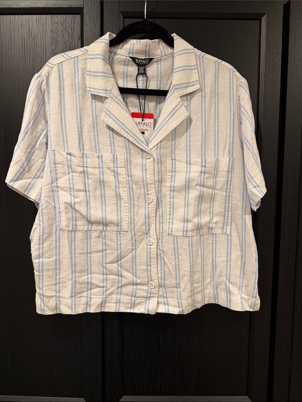 Buffalo David Bitton White Short-Sleeve Button-Up with Light Blue Stripes
